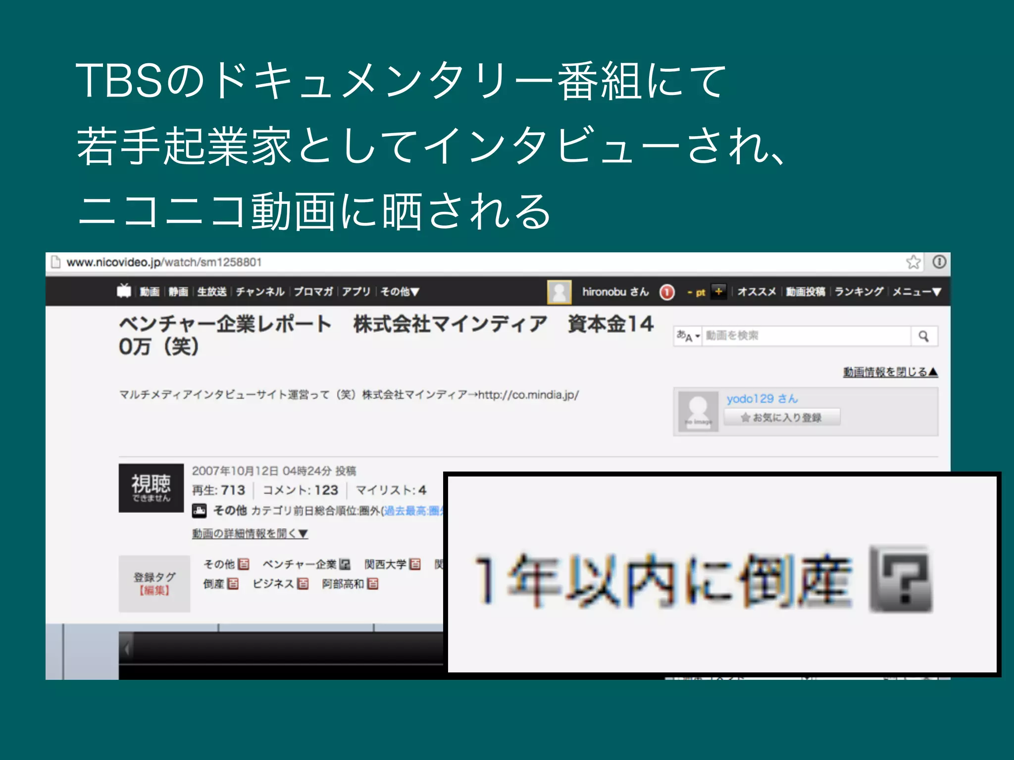 TBSのドキュメンタリー番組にて
若手起業家としてインタビューされ、
ニコニコ動画に晒される
 