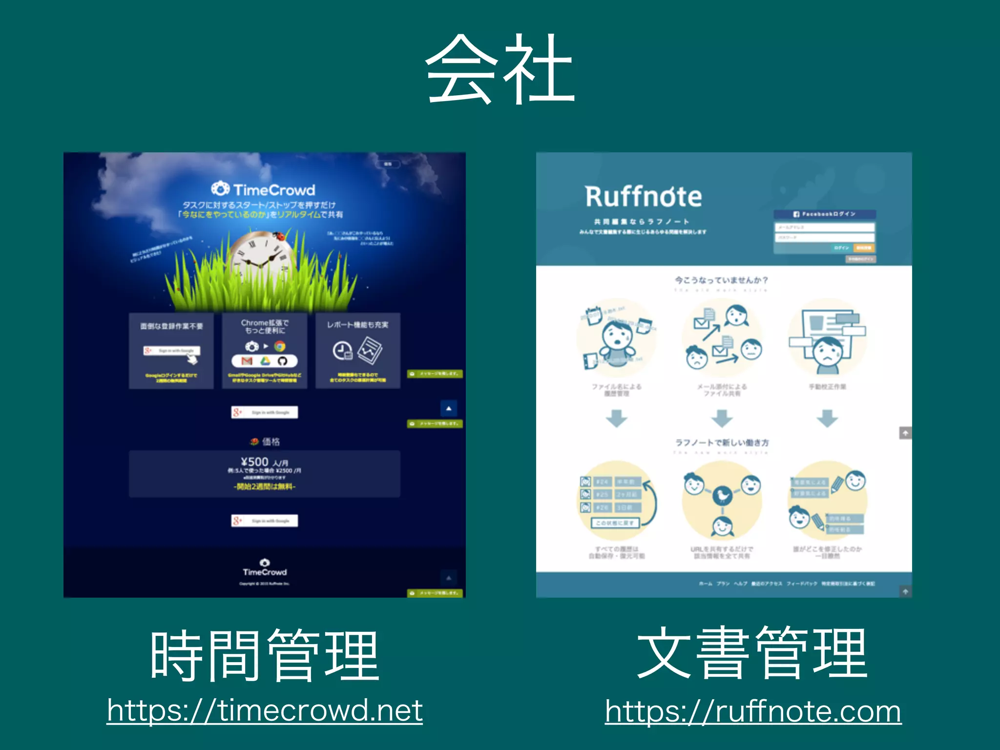 会社
時間管理 文書管理
https://ruﬀnote.comhttps://timecrowd.net
 