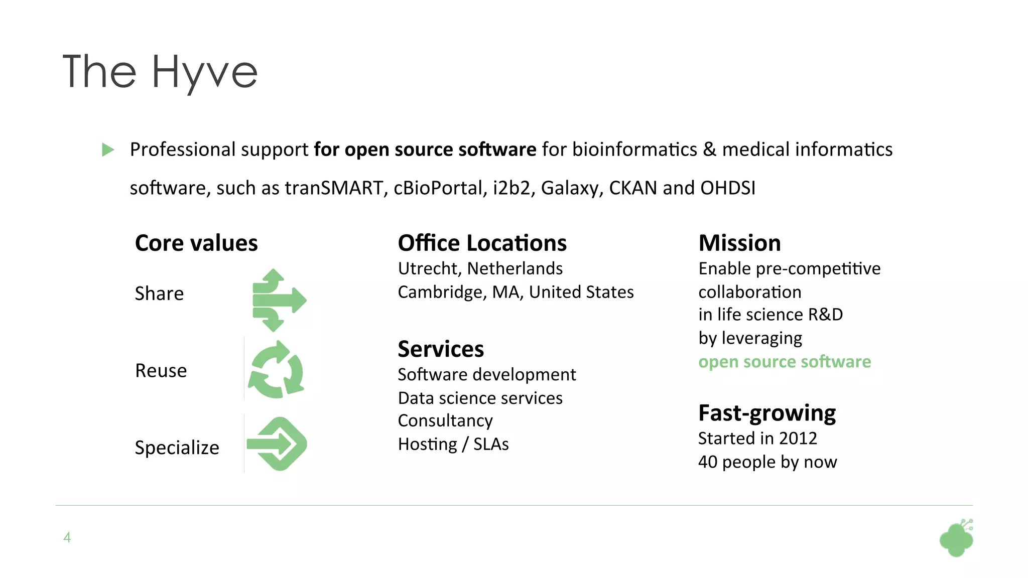 4
The Hyve
u  Professional	support	for	open	source	so+ware	for	bioinforma1cs	&	medical	informa1cs	
so5ware,	such	as	tranSMART,	cBioPortal,	i2b2,	Galaxy,	CKAN	and	OHDSI	
	
	
	
	
	
	
Mission	
Enable	pre-compe11ve	
collabora1on	
in	life	science	R&D	
by	leveraging		
open	source	so+ware	
Core	values	
Share		
	
	
Reuse	
	
	
Specialize	
Oﬃce	Loca6ons	
Utrecht,	Netherlands	
Cambridge,	MA,	United	States	
Services	
So5ware	development	
Data	science	services	
Consultancy	
Hos1ng	/	SLAs	
Fast-growing	
Started	in	2012	
40	people	by	now	
 