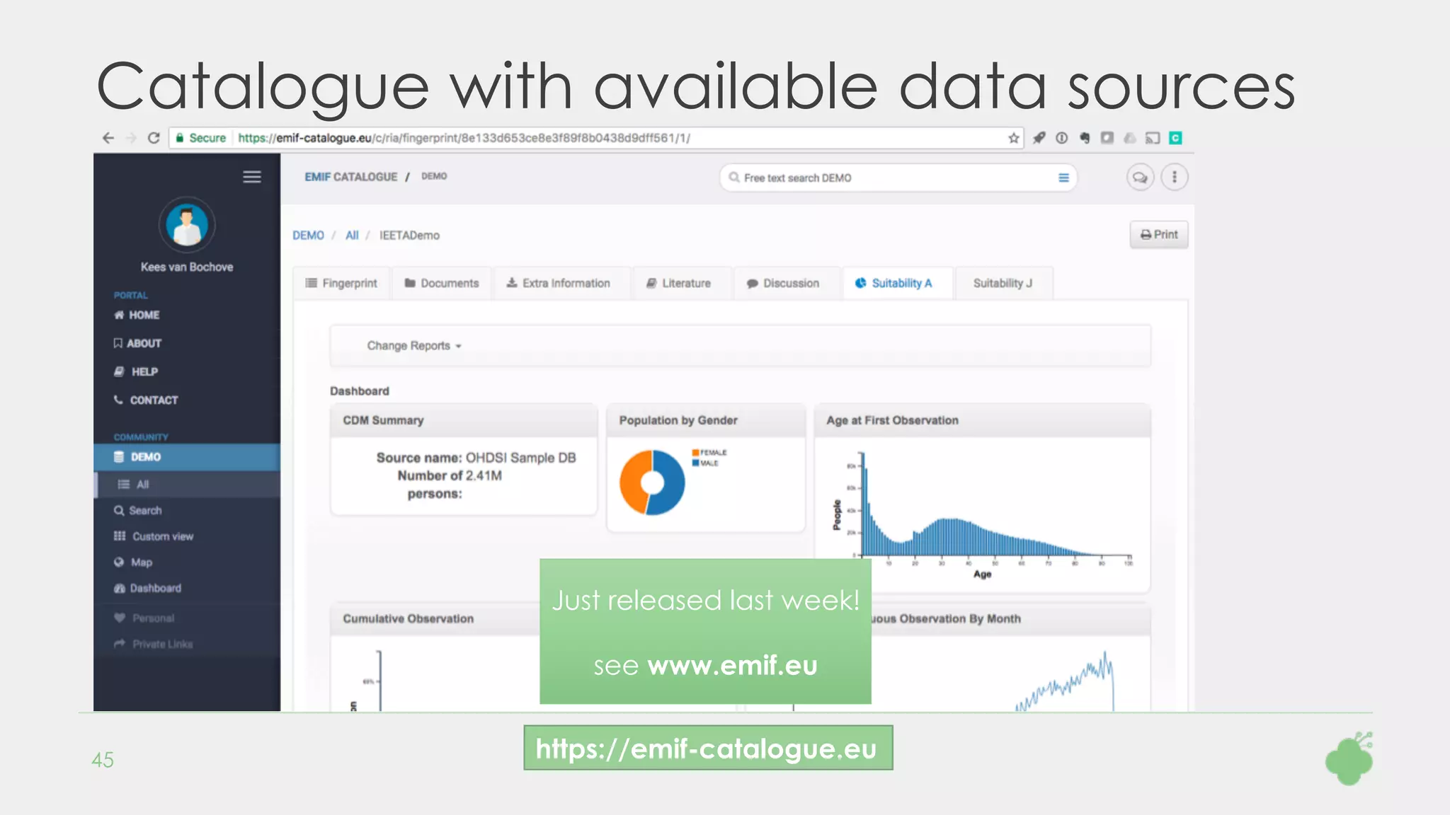Catalogue with available data sources
45 https://emif-catalogue.eu
Just released last week!
see www.emif.eu
 