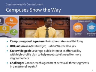 Commonwealth Commitment
Campuses Show theWay
2
 Campus regional agreements inspire state-level thinking
 BHE action on MassTransfer, TuitionWaiver also key
 Statewide goal: Leverage public interest in affordability
with high-profile plan to help meet state’s need for more
degree holders
 Challenge: Can we reach agreement across all three segments
in a matter of weeks?
 
