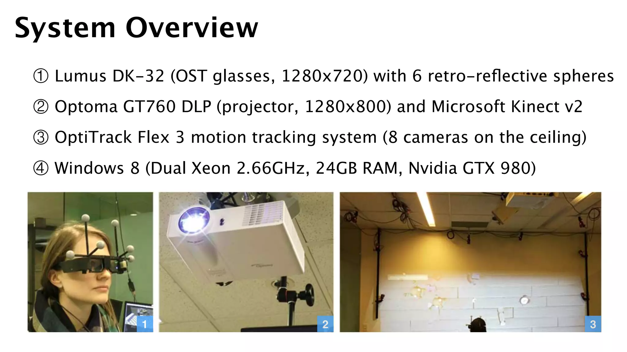 ① Lumus DK-32 (OST glasses, 1280x720) with 6 retro-reﬂective spheres
② Optoma GT760 DLP (projector, 1280x800) and Microsoft Kinect v2
③ OptiTrack Flex 3 motion tracking system (8 cameras on the ceiling)
④ Windows 8 (Dual Xeon 2.66GHz, 24GB RAM, Nvidia GTX 980)
System Overview
1 2 3
 