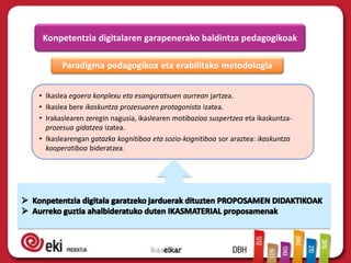 Paradigma pedagogikoa eta erabilitako metodologia
• Ikaslea egoera konplexu eta esanguratsuen aurrean jartzea.
• Ikaslea bere ikaskuntza prozesuaren protagonista izatea.
• Irakaslearen zeregin nagusia, ikaslearen motibazioa suspertzea eta ikaskuntza-
prozesua gidatzea izatea.
• Ikaslearengan gatazka kognitiboa eta sozio-kognitiboa sor araztea: ikaskuntza
kooperatiboa bideratzea.
Konpetentzia digitalaren garapenerako baldintza pedagogikoak
 