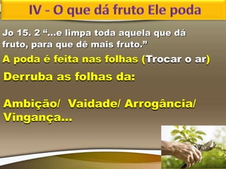 Derruba as folhas da:
Ambição/ Vaidade/ Arrogância/
Vingança...
A poda é feita nas folhas (Trocar o ar)
Jo 15. 2 “...e limpa toda aquela que dá
fruto, para que dê mais fruto.”
 