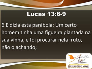 Lucas 13:6-9
6 E dizia esta parábola: Um certo
homem tinha uma figueira plantada na
sua vinha, e foi procurar nela fruto,
não o achando;
 