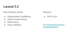 Laravel 5.2
New Features include:
● Authentication Scaffolding
● Implicit model binding
● Rate limiting
● Array validation
Requires:
● PHP 5.5.9+
See: https://laravel.com/docs/5.
2/releases#laravel-5.2
 