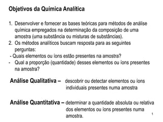 1
Objetivos da Química Analítica
1. Desenvolver e fornecer as bases teóricas para métodos de análise
química empregados na determinação da composição de uma
amostra (uma substância ou misturas de substâncias).
2. Os métodos analíticos buscam resposta para as seguintes
perguntas:
- Quais elementos ou íons estão presentes na amostra?
- Qual a proporção (quantidade) desses elementos ou íons presentes
na amostra?
Análise Qualitativa – descobrir ou detectar elementos ou íons
individuais presentes numa amostra
Análise Quantitativa – determinar a quantidade absoluta ou relativa
dos elementos ou íons presentes numa
amostra.
 