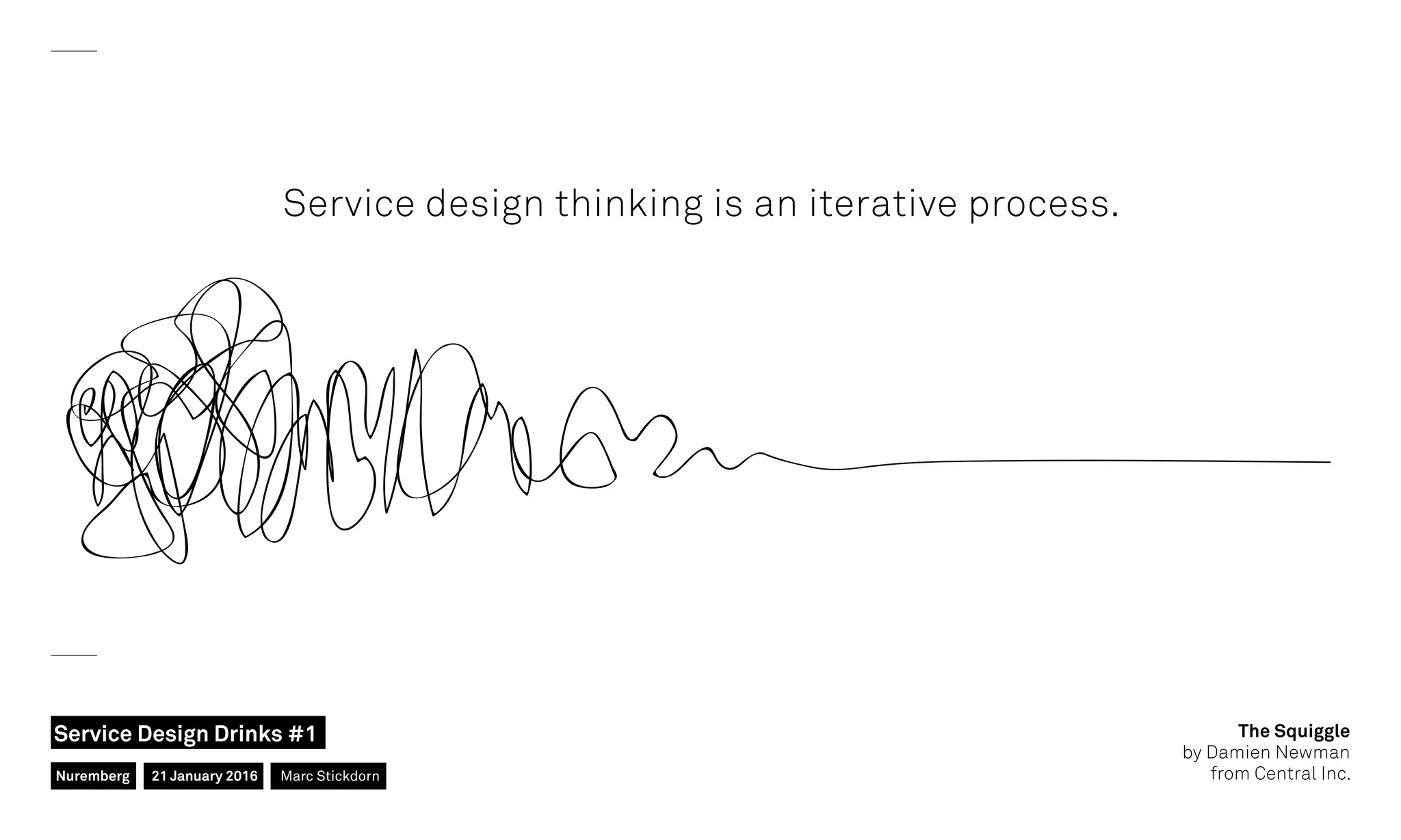 Service design thinking is an iterative process.
The Squiggle
by Damien Newman
from Central Inc.Nuremberg
Service Design Drinks #1
21 January 2016 Marc Stickdorn
 