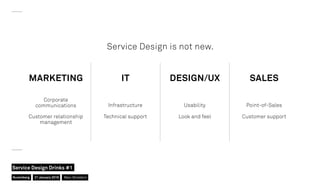 Corporate
communications Infrastructure Usability
Look and feelTechnical supportCustomer relationship
management
Customer support
Point-of-Sales
MARKETING IT DESIGN/UX SALES
Service Design is not new.
Nuremberg
Service Design Drinks #1
21 January 2016 Marc Stickdorn
 