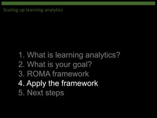 1. What is learning analytics?
2. What is your goal?
3. ROMA framework
4. Apply the framework
5. Next steps
Scaling up learning analytics
 