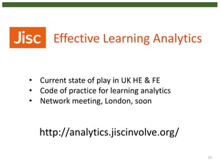 23
• Current state of play in UK HE & FE
• Code of practice for learning analytics
• Network meeting, London, soon
http://analytics.jiscinvolve.org/
Effective Learning Analytics
 