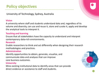 Policy objectives
University of Technology, Sydney, Australia
39
Vision
A university where staff and students understand data and, regardless of its
volume and diversity, can use and reuse it, store and curate it, apply and develop
the analytical tools to interpret it.
Teaching and learning
Ensure that all stakeholders have the capacity to understand and interpret
contemporary data‐rich environments.
Research
Enable researchers to think and act differently when designing their research
methodologies and practices.
Administration
Identify opportunities to obtain, generate, visualize, and
communicate data and analyses that can improve
core business outcomes.
University
Mine existing institutional data to identify areas that can provide
direct evidence or assistance to staff and students.
 