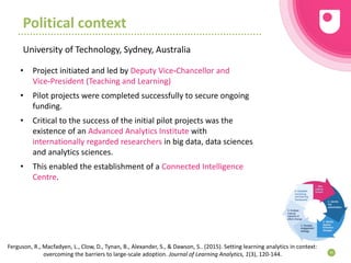 Political context
University of Technology, Sydney, Australia
40
Ferguson, R., Macfadyen, L., Clow, D., Tynan, B., Alexander, S., & Dawson, S.. (2015). Setting learning analytics in context:
overcoming the barriers to large-scale adoption. Journal of Learning Analytics, 1(3), 120-144.
• Project initiated and led by Deputy Vice‐Chancellor and
Vice‐President (Teaching and Learning)
• Pilot projects were completed successfully to secure ongoing
funding.
• Critical to the success of the initial pilot projects was the
existence of an Advanced Analytics Institute with
internationally regarded researchers in big data, data sciences
and analytics sciences.
• This enabled the establishment of a Connected Intelligence
Centre.
 