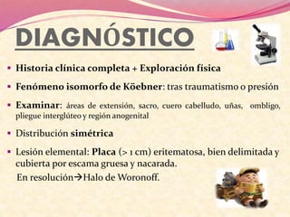 DIAGNÓSTICO
 Historia clínica completa + Exploración física
 Fenómeno isomorfo de Köebner: tras traumatismo o presión
 Examinar: áreas de extensión, sacro, cuero cabelludo, uñas, ombligo,
pliegue interglúteo y región anogenital
 Distribución simétrica
 Lesión elemental: Placa (> 1 cm) eritematosa, bien delimitada y
cubierta por escama gruesa y nacarada.
En resoluciónHalo de Woronoff.
 