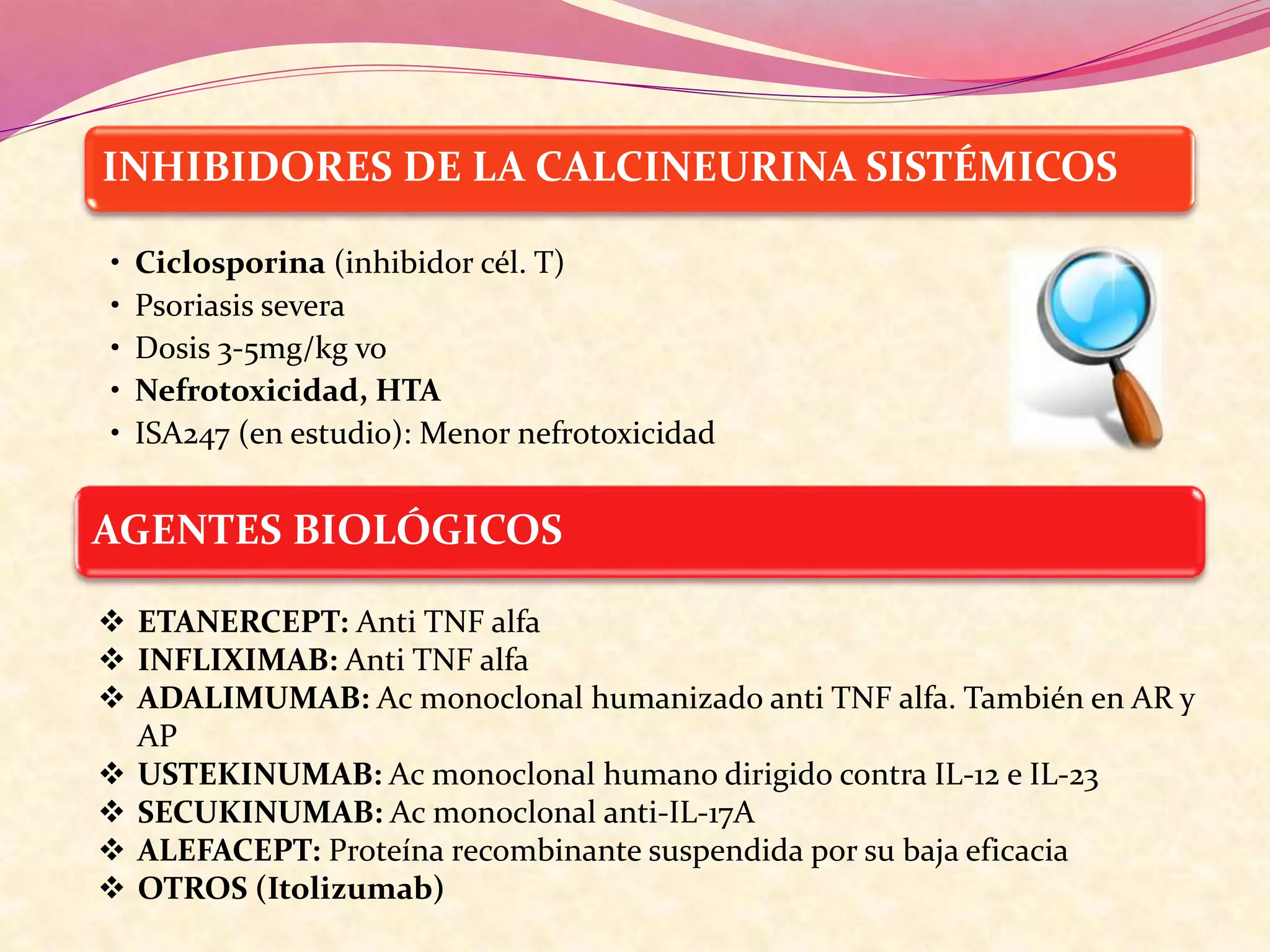 INHIBIDORES DE LA CALCINEURINA SISTÉMICOS
• Ciclosporina (inhibidor cél. T)
• Psoriasis severa
• Dosis 3-5mg/kg vo
• Nefrotoxicidad, HTA
• ISA247 (en estudio): Menor nefrotoxicidad
AGENTES BIOLÓGICOS
 ETANERCEPT: Anti TNF alfa
 INFLIXIMAB: Anti TNF alfa
 ADALIMUMAB: Ac monoclonal humanizado anti TNF alfa. También en AR y
AP
 USTEKINUMAB: Ac monoclonal humano dirigido contra IL-12 e IL-23
 SECUKINUMAB: Ac monoclonal anti-IL-17A
 ALEFACEPT: Proteína recombinante suspendida por su baja eficacia
 OTROS (Itolizumab)
 