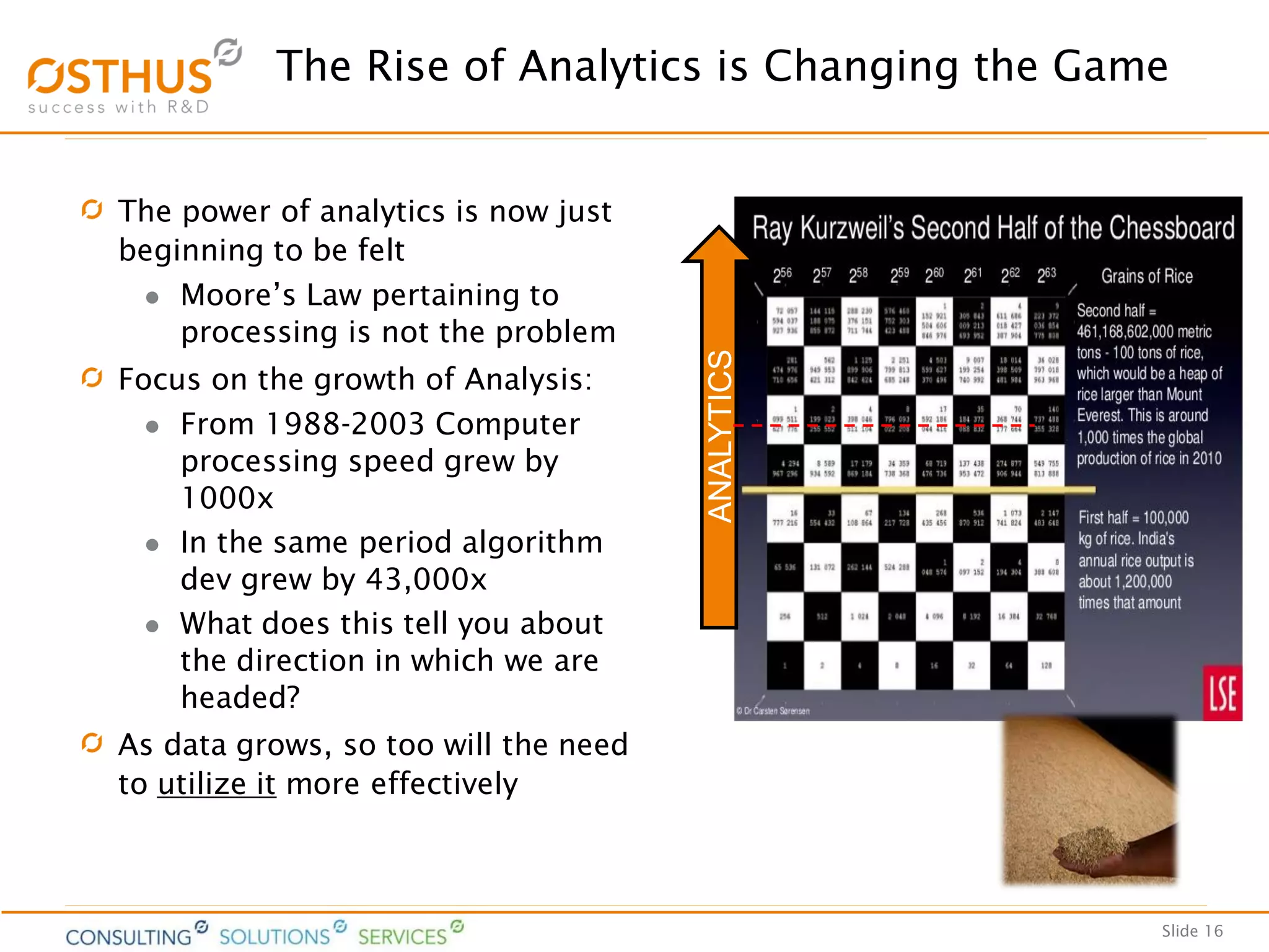 Slide 16
The power of analytics is now just
beginning to be felt
 Moore’s Law pertaining to
processing is not the problem
Focus on the growth of Analysis:
 From 1988-2003 Computer
processing speed grew by
1000x
 In the same period algorithm
dev grew by 43,000x
 What does this tell you about
the direction in which we are
headed?
As data grows, so too will the need
to utilize it more effectively
The Rise of Analytics is Changing the Game
ANALYTICS
 