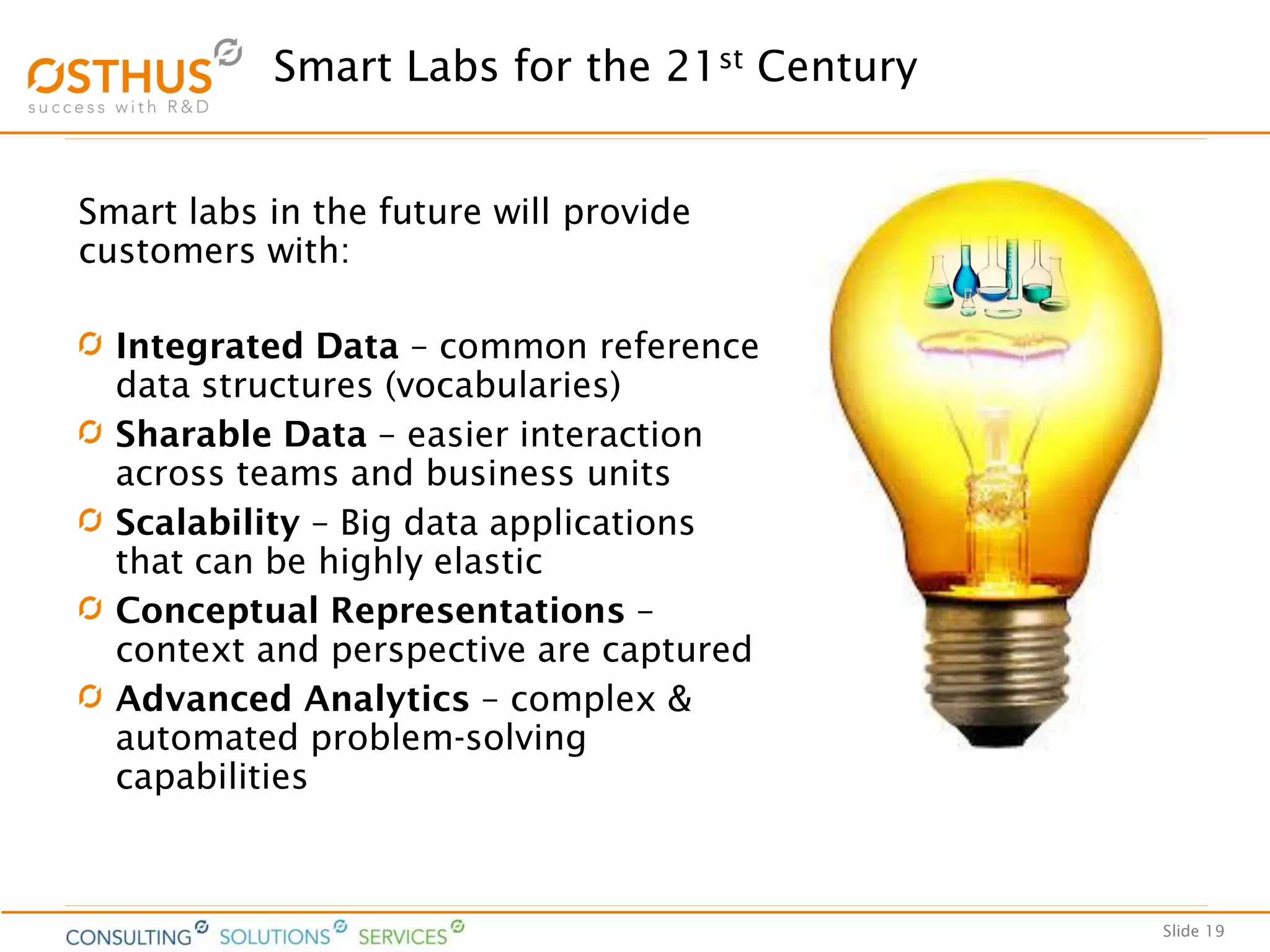 Slide 19
Smart Labs for the 21st Century
Smart labs in the future will provide
customers with:
Integrated Data – common reference
data structures (vocabularies)
Sharable Data – easier interaction
across teams and business units
Scalability – Big data applications
that can be highly elastic
Conceptual Representations –
context and perspective are captured
Advanced Analytics – complex &
automated problem-solving
capabilities
 