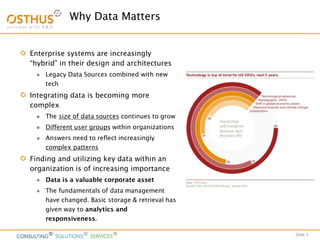 Slide 5
Why Data Matters
Enterprise systems are increasingly
“hybrid” in their design and architectures
 Legacy Data Sources combined with new
tech
Integrating data is becoming more
complex
 The size of data sources continues to grow
 Different user groups within organizations
 Answers need to reflect increasingly
complex patterns
Finding and utilizing key data within an
organization is of increasing importance
 Data is a valuable corporate asset
 The fundamentals of data management
have changed. Basic storage & retrieval has
given way to analytics and
responsiveness.
 