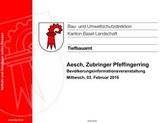 www.tba.bl.ch
VerkehrundGewässersollenfliessen
Aesch, Zubringer Pfeffingerring
Bevölkerungsinformationsveranstaltung
Mittwoch, 03. Februar 2016
03.02.2016
 