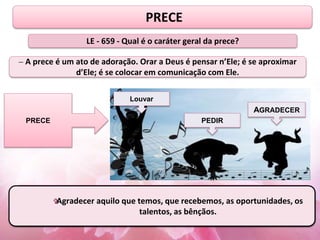 PRECE
LE - 659 - Qual é o caráter geral da prece?
– A prece é um ato de adoração. Orar a Deus é pensar n’Ele; é se aproximar
d’Ele; é se colocar em comunicação com Ele.
PRECE PEDIR
AGRADECER
Prece de louvor a Deus pela beleza, pela natureza, pela perfeição, por puro
amor ao pai, é uma mensagem de carinho, de afeto e de ternura, por entender
o que é amar a Deus sobre todas as coisas
é necessário saber o que pedir, o que se deve e o
que não se deve pedir;
é muito importante perceber a resposta, que muitas vezes não é a
que nós queremos, mas é a que nós necessitamos.
Agradecer aquilo que temos, que recebemos, as oportunidades, os
talentos, as bênçãos.
Louvar
 