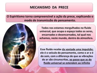MECANISMO DA PRECE
Todos nos estamos mergulhados no fluido
universal, que ocupa o espaço todos os seres,
encarnados e desencarnados, tal qual nos
achamos, neste mundo, dentro da atmosfera.
Esse fluido recebe da vontade uma impulsão;
ele é o veículo do pensamento, como o ar o é
do som, com a diferença de que as vibrações
do ar são circunscritas, ao passo que as do
fluido universal se estendem ao infinito
O Espiritismo torna compreensível a ação da prece, explicando o
modo de transmissão do pensamento.
 