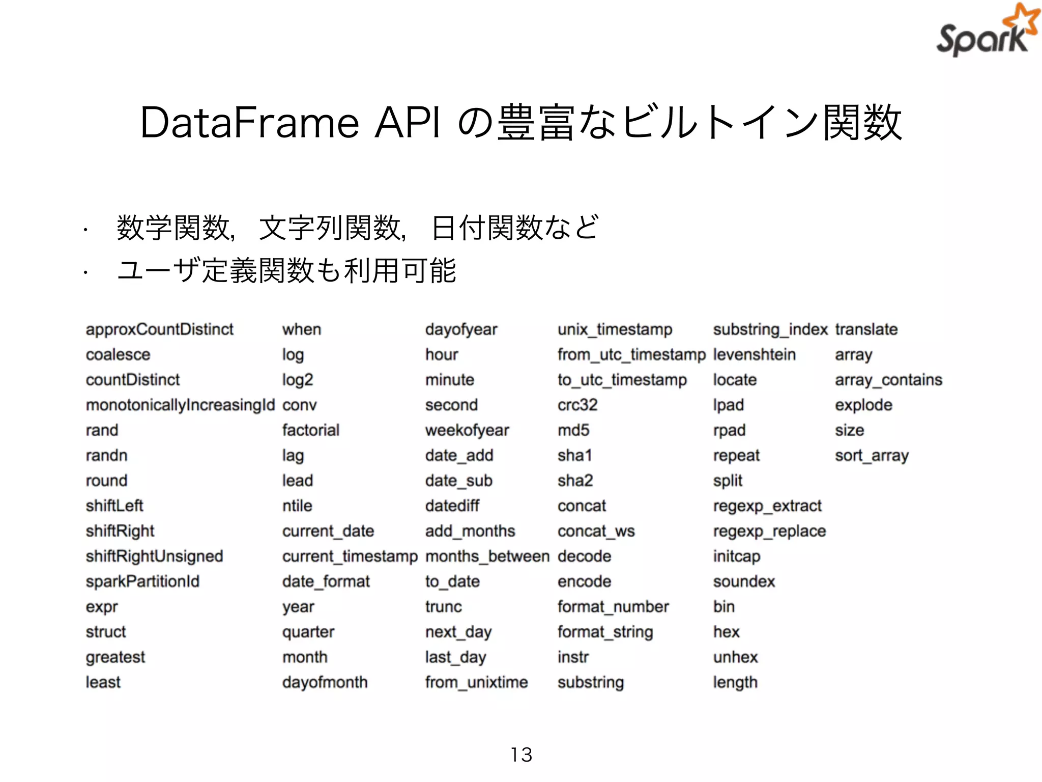 DataFrame API の豊富なビルトイン関数
• 数学関数，文字列関数，日付関数など
• ユーザ定義関数も利用可能
13
 