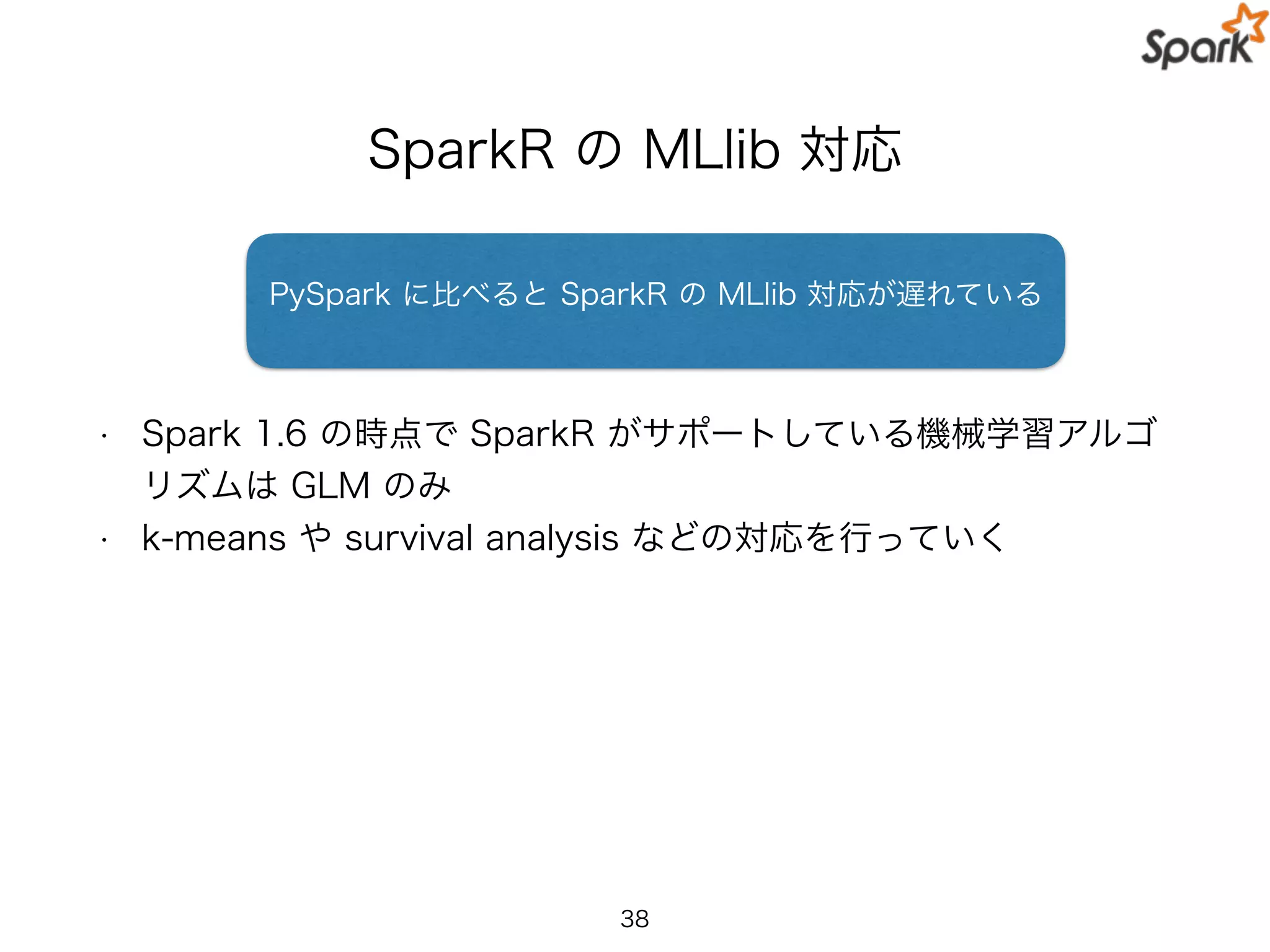 SparkR の MLlib 対応
• Spark 1.6 の時点で SparkR がサポートしている機械学習アルゴ
リズムは GLM のみ
• k-means や survival analysis などの対応を行っていく
38
PySpark に比べると SparkR の MLlib 対応が遅れている
 