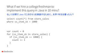 What if we hire a collegefreshmanto
implement this queryin Java in 10 mins?
select count(*) from store_sales
where ss_item_sk = 1000
var count = 0
for (ss_item_sk in store_sales) {
if (ss_item_sk == 1000) {
count += 1
}
}
もし10分間で Java でこのクエリを実装するために、大学1年生を雇ったら？
 