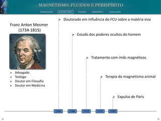 12 12
INTRODUÇÃO MAGNETISMO FLUIDOS PERISPÍRITO CONCLUSÃO
 Advogado
 Teólogo
 Doutor em Filosofia
 Doutor em Medicina
Franz Anton Mesmer
(1734-1815)
 Doutorado em influência do FCU sobre a matéria viva
1765
 Estudo dos poderes ocultos do homem
1766
 Tratamento com ímãs magnéticos
1773
 Terapia do magnetismo animal
1775
 Expulso de Paris
1792
 