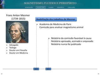 13 13
INTRODUÇÃO MAGNETISMO FLUIDOS PERISPÍRITO CONCLUSÃO
 Advogado
 Teólogo
 Doutor em Filosofia
 Doutor em Medicina
Franz Anton Mesmer
(1734-1815) Reabilitação dos trabalhos de Mesmer
 Academia de Medicina de Paris
Comissão para analisar magnetismo animal
1826
 Relatório da comissão favorável à causa
Relatório aprovado, assinado e arquivado
Relatório nunca foi publicado
1831
 