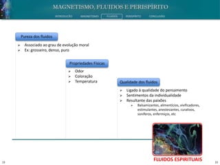 23 23
INTRODUÇÃO MAGNETISMO FLUIDOS PERISPÍRITO CONCLUSÃO
FLUIDOS ESPIRITUAIS
 Associado ao grau de evolução moral
 Ex: grosseiro, denso, puro
 Odor
 Coloração
 Temperatura
 Ligado à qualidade do pensamento
 Sentimentos da individualidade
 Resultante das paixões
 Balsamizantes, alimentícios, vivificadores,
estimulantes, anestesiantes, curativos,
soníferos, enfermiços, etc
Pureza dos fluidos
Propriedades Físicas
Qualidade dos fluidos
 