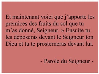 .
Et maintenant voici que j’apporte les
prémices des fruits du sol que tu
m’as donné, Seigneur. » Ensuite tu
les déposeras devant le Seigneur ton
Dieu et tu te prosterneras devant lui.
- Parole du Seigneur -
 