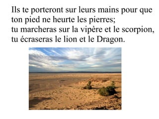 Ils te porteront sur leurs mains pour que
ton pied ne heurte les pierres;
tu marcheras sur la vipère et le scorpion,
tu écraseras le lion et le Dragon.
 