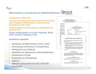 1010
Memorandum y acuerdo para la implementación del
Celebrado en 1998 entre:
Comisión Latinoamericana de Aviación Civil (CLAC) y
otros Estados de Norteamérica, Centroamérica,
Sudamérica y del Caribe.
“Representados por las respectivas Autoridades de
Aviación Civil”
Países representados en el inicio: Argentina, Brasil,
Chile, Ecuador, Paraguay y Perú.
Acordaron lo siguiente:
• Aprobación del Memorandum CLAC y OACI
• Armonización de Normas y Procedimientos
• Participación en el Sistema
• Aceptación de Sugerencias y Recomendaciones
• Contribución al Fondo
• Suspensión por Participación
• Vigencia
• Adhesión (presupuesto de USD 2.250.000)
• Terminación
 