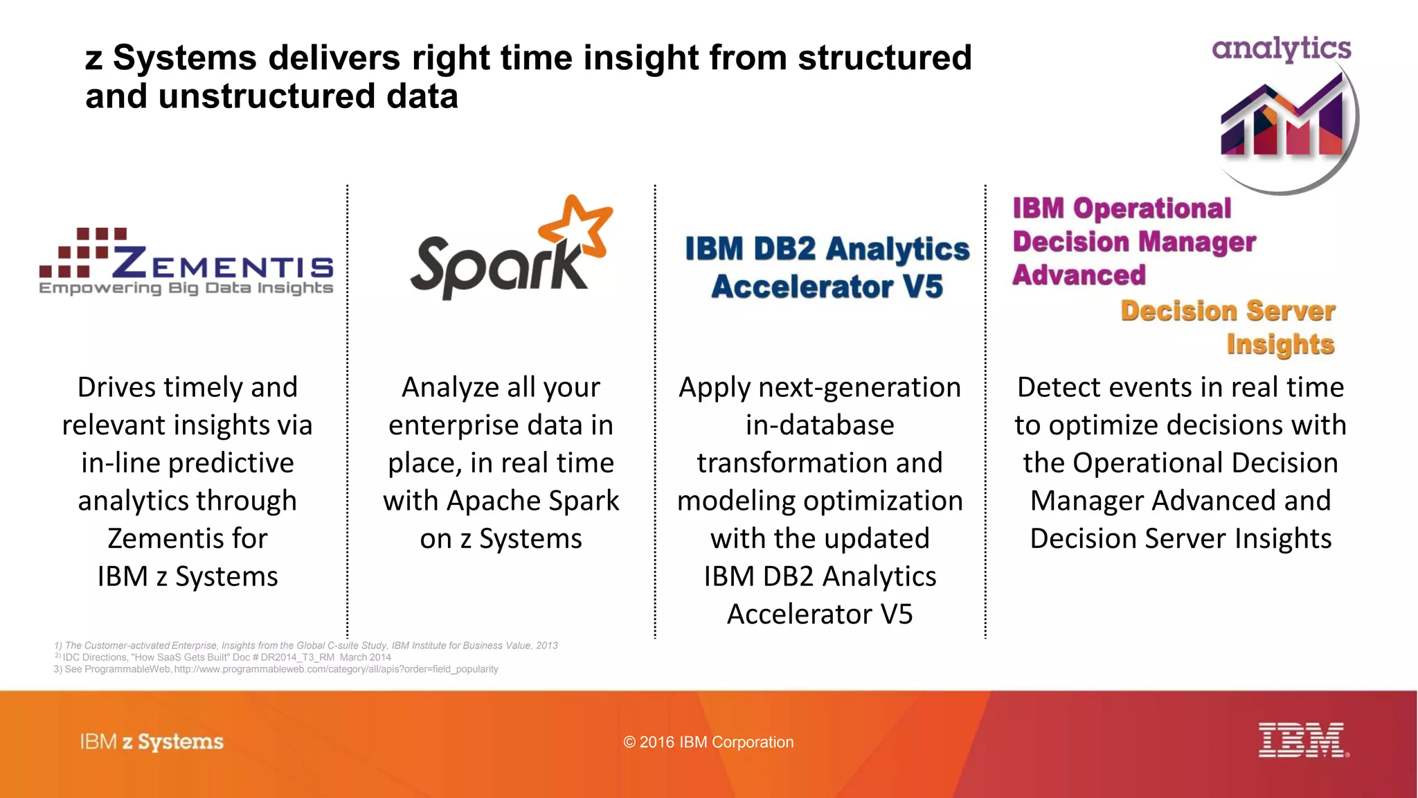 © 2016 IBM Corporation
z Systems delivers right time insight from structured
and unstructured data
1) The Customer-activated Enterprise, Insights from the Global C-suite Study, IBM Institute for Business Value, 2013
2) IDC Directions, "How SaaS Gets Built" Doc # DR2014_T3_RM March 2014
3) See ProgrammableWeb, http://www.programmableweb.com/category/all/apis?order=field_popularity
Drives timely and
relevant insights via
in-line predictive
analytics through
Zementis for
IBM z Systems
Analyze all your
enterprise data in
place, in real time
with Apache Spark
on z Systems
Apply next-generation
in-database
transformation and
modeling optimization
with the updated
IBM DB2 Analytics
Accelerator V5
Detect events in real time
to optimize decisions with
the Operational Decision
Manager Advanced and
Decision Server Insights
 