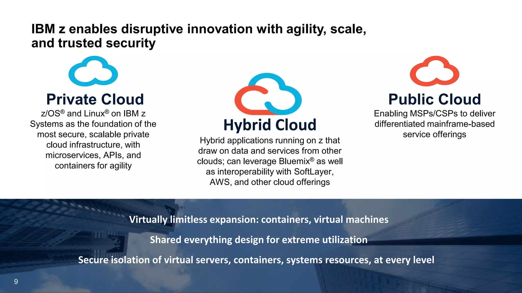 © 2016 IBM Corporation
Hybrid Cloud
Hybrid applications running on z that
draw on data and services from other
clouds; can leverage Bluemix® as well
as interoperability with SoftLayer,
AWS, and other cloud offerings
Private Cloud
z/OS® and Linux® on IBM z
Systems as the foundation of the
most secure, scalable private
cloud infrastructure, with
microservices, APIs, and
containers for agility
Public Cloud
Enabling MSPs/CSPs to deliver
differentiated mainframe-based
service offerings
Virtually limitless expansion: containers, virtual machines
Shared everything design for extreme utilization
Secure isolation of virtual servers, containers, systems resources, at every level
9
IBM z enables disruptive innovation with agility, scale,
and trusted security
 