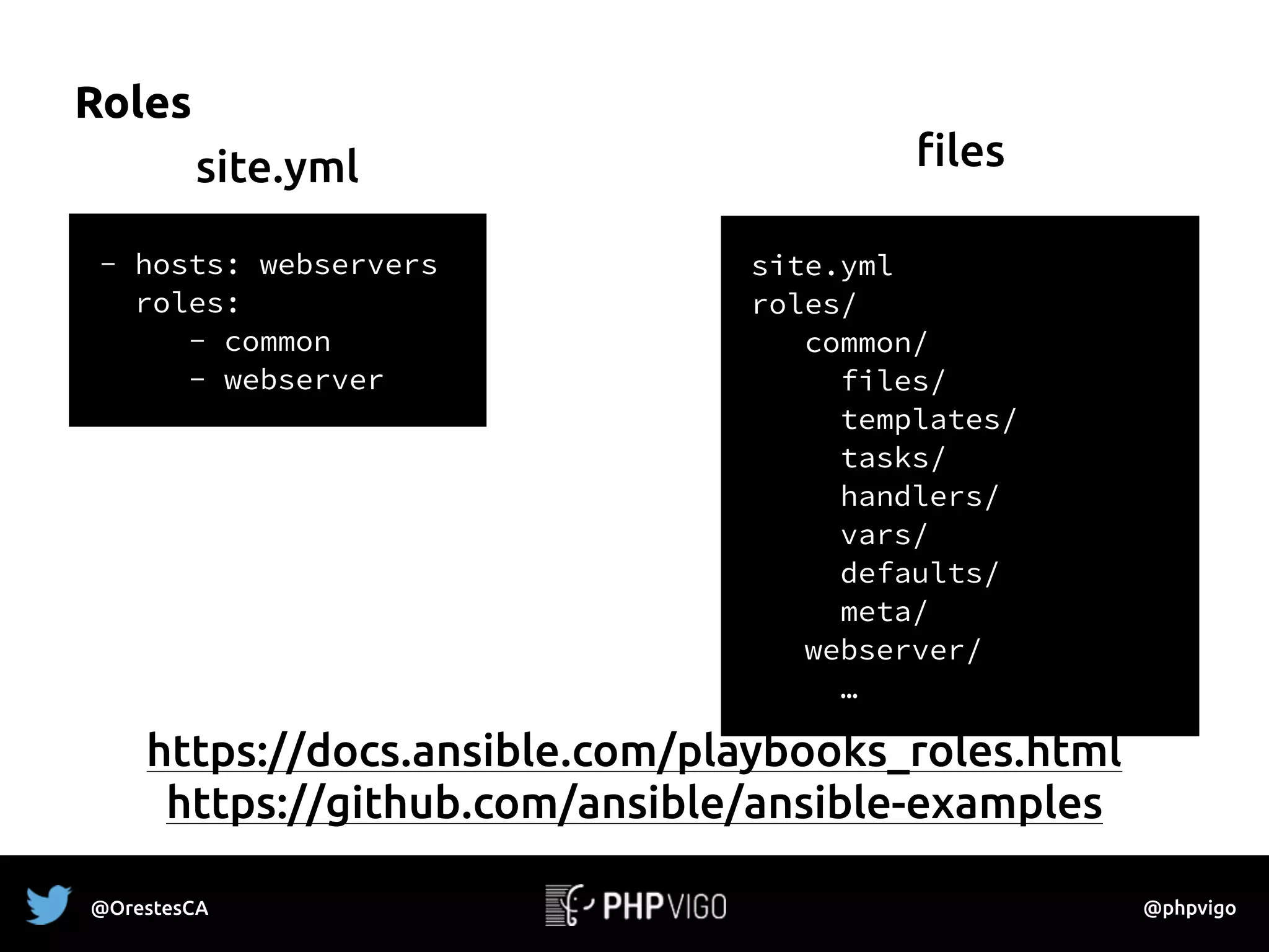 Roles
site.yml
roles/
common/
files/
templates/
tasks/
handlers/
vars/
defaults/
meta/
webserver/
…
files
https://docs.ansible.com/playbooks_roles.html
https://github.com/ansible/ansible-examples
- hosts: webservers
roles:
- common
- webserver
site.yml
@OrestesCA @phpvigo
 