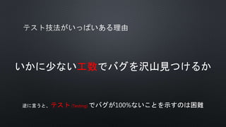 いかに少ない工数でバグを沢山見つけるか
逆に言うと、テスト (Testing) でバグが100%ないことを示すのは困難
 