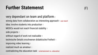 Further Statemenst (F)
very dependant on team and platform2
winnig data from collaboration as interesting approach 1 use reach
Idea: involve students into production 1
MOOCs would not reach financial stability 1
side projects 1
without regard of work not realizable 1
technische Details erschweren didaktische Freiheit 1
improving video learning 1
realized much as amateur 1
contradicting the education task 1 entertainment vs. education
 