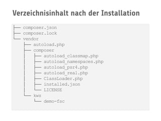 Verzeichnisinhalt nach der Installation
├── composer.json
├── composer.lock
└── vendor
├── autoload.php
├── composer
│ ├── autoload_classmap.php
│ ├── autoload_namespaces.php
│ ├── autoload_psr4.php
│ ├── autoload_real.php
│ ├── ClassLoader.php
│ ├── installed.json
│ └── LICENSE
└── kws
└── demo-fsc
 