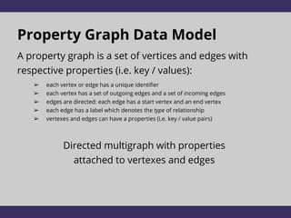 Property Graph Data Model
A property graph is a set of vertices and edges with
respective properties (i.e. key / values):
➢ each vertex or edge has a unique identifier
➢ each vertex has a set of outgoing edges and a set of incoming edges
➢ edges are directed: each edge has a start vertex and an end vertex
➢ each edge has a label which denotes the type of relationship
➢ vertexes and edges can have a properties (i.e. key / value pairs)
Directed multigraph with properties
attached to vertexes and edges
 