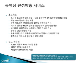  주요기능
◦ 보유한 동영상화일의 송출시간을 설정하여 24시간 방송영상을 송출
◦ 외부 Live 방송도 편성 지원
◦ 연속 자동방송 편성에 의해 365일 연속방송 가능
◦ 텍스트 정보등 META 정보를 영상정보와 함께 송출가능
◦ IP카메라, 휴대폰에서 송출되는 영상 편성이 가능
◦ 방송중 긴급 편성이 가능
◦ 자동 트랜스코더 모듈을 이용하여 어댑티브 스트리밍 지원
◦ 헬스체크 기능으로 중단없는 방송 보장
 주요 특장점
◦ H.264 기반의 MP4 고화질 방송
◦ RTMP, RTSP, HLS 지원
◦ Adaptive Streaming 지원
Adaptive Streaming ( 어댑티브 스트리밍)
사용자 네트웍환경에 맞춰 최적의 해상도로 영상정보를 송출하는 기술
네트웍 환경이 나쁜 상황에서도 끊김없는 영상을 볼수 있게 함
 