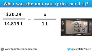 @MathletePearcewww.tapintoteenminds.com
What was the unit rate (price per 1 L)?
$20.29
14.819 L
=
x
1 L
 