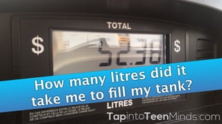 @MathletePearcewww.tapintoteenminds.com
How many litres did it
take me to ﬁll my tank?
 