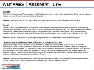 ASSESSMENT:
Political
The Tobruk-based House of Representatives (HoR) has failed to reach a verdict on the cabinet for the Government of National
Accord and has delayed the vote due to internal divisions.
Outlook: The political unity process will continue to flounder due to conflicting political interests within the HoR.
Security
The LNA seized several key districts in Benghazi during a weeklong offensive and continues to gain ground. The remaining
militants are concentrated in the al Sabri district as well as the western periphery of the city. The LNA continues to fight isolated
militants in al Hawari district, where ISIS militants detonated an SVBIED targeting LNA soldiers. French advisers may be
assisting the LNA in Benghazi. Meanwhile, British and American advisors are training militia forces in Misrata to fight ISIS.
Outlook: The LNA will continue to clear Benghazi neighborhoods but will struggle to control and retain its gains.
Ansar al Sharia and Islamic State of Iraq and al Sham (ISIS) in Libya
Local backlash against ISIS’s presence near Sabratha may temporarily curtail its ability to plan and execute attacks in
neighboring Tunisia. A Tripoli-based militia arrested an ISIS militant who was reportedly sent from Sirte to lead the group’s
Sabratha cell after the 19 FEB U.S. airstrike, indicating the cell’s importance to the group’s regional operations. ISIS continues
to consolidate control in Sirte, where it is preparing for both an international airstrike campaign and possible clashes with
Misratan militias to the west. Foreign aircraft bombed four ISIS targets in the vicinity of Bani Walid and Sirte, killing several
militants. Local sources believe that the aircraft were French.
Outlook: The international community will continue to provide limited support to local forces and conduct targeted airstrikes
against ISIS personnel. Surgical strikes remain unlikely to drive ISIS from population centers.
8
LIBYAWEST AFRICA
 