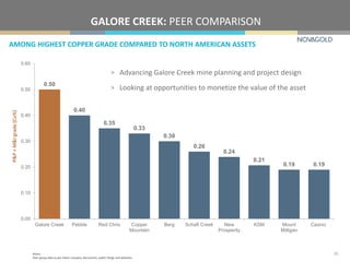 0.50
0.40
0.35
0.33
0.30
0.26
0.24
0.21
0.19 0.19
0.00
0.10
0.20
0.30
0.40
0.50
0.60
Galore Creek Pebble Red Chris Copper
Mountain
Berg Schaft Creek New
Prosperity
KSM Mount
Milligan
Casino
AMONG HIGHEST COPPER GRADE COMPARED TO NORTH AMERICAN ASSETS
GALORE CREEK: PEER COMPARISON
P&P+M&Igrade(Cu%)
Notes:
Peer group data as per latest company documents, public filings and websites.
22
> Advancing Galore Creek mine planning and project design
> Looking at opportunities to monetize the value of the asset
 