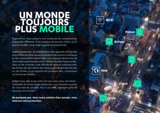 Aujourd'hui, nous utilisons une multitude de connexions et
d'appareils différents. Il est pratique de pouvoir choisir où et
quand travailler, ce qui aide à gagner en productivité.
Malheureusement, la multiplication des appareils et logiciels
disponibles entraîne une augmentation des vecteurs d'attaque
et des vulnérabilités potentielles. Ces attaques deviennent de
plusenplussophistiquéesetleurnombredoublechaqueannée :
dans un tel contexte, il est difficile de gérer la cybersécurité.
Les limites des périmètres des réseaux sont également de plus
en plus floues, ce qui apporte de nouveaux défis, notamment
en termes de visibilité.
Malgré tout cela, la sécurité n'est pas votre cœur de métier :
manquant de temps et de ressources, vous l'excluez souvent
de votre liste de priorités. Face à ces défis, comment gérer et
sécuriser vos activités ?
Ne paniquez pas. Avec notre solution bien pensée, nous
assurons votre protection.
Un monde
toujours
plus mobile
Wi-Fi
Web
Piéton
Taxi
Café
Bureau
Client
 