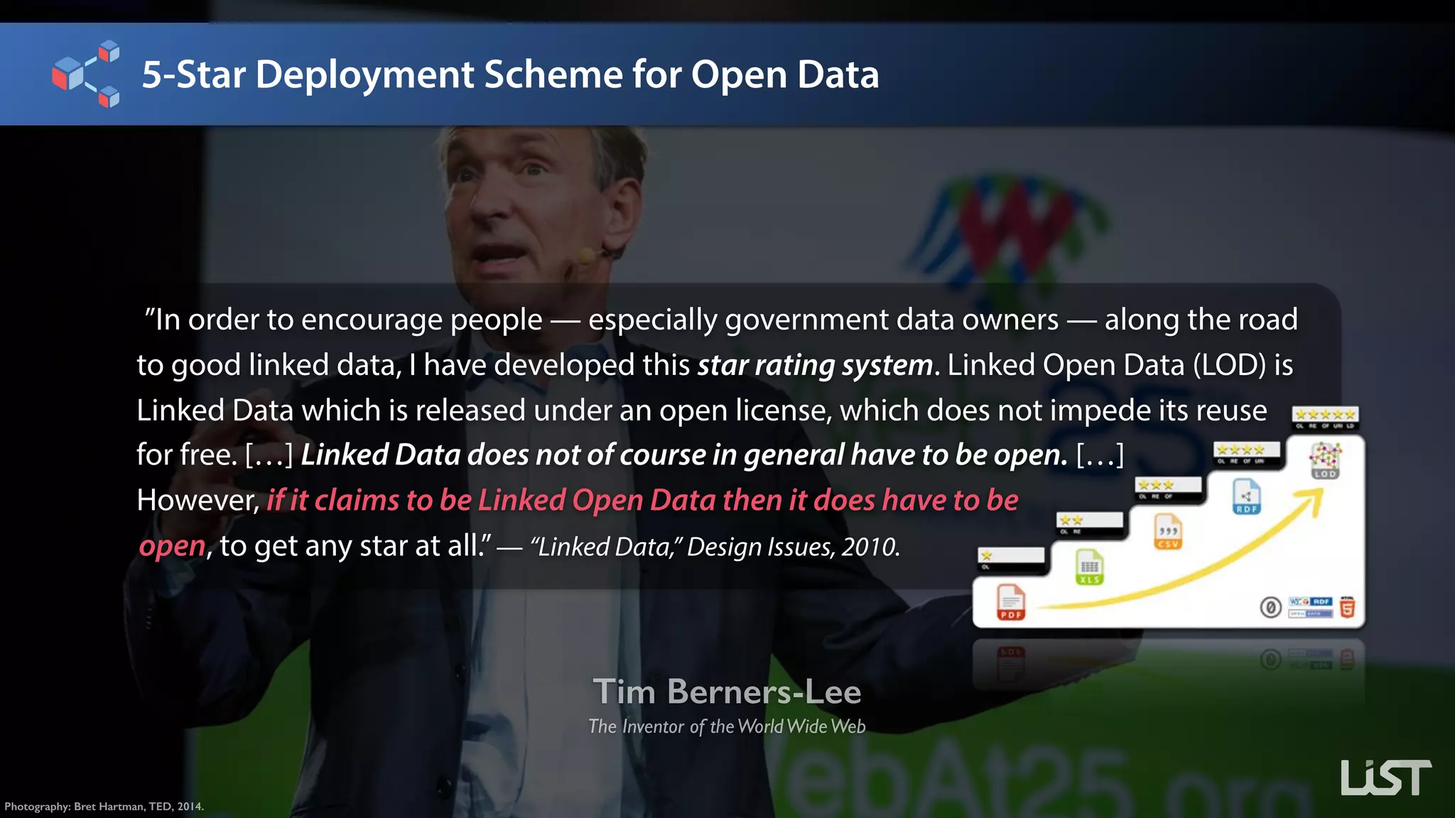 5-Star Deployment Scheme for Open Data
Tim Berners-Lee
The Inventor of theWorldWideWeb
Photography: Bret Hartman, TED, 2014.
”In order to encourage people — especially government data owners — along the road
to good linked data, I have developed this star rating system. Linked Open Data (LOD) is
Linked Data which is released under an open license, which does not impede its reuse 
for free. […] Linked Data does not of course in general have to be open. […] 
However, if it claims to be Linked Open Data then it does have to be 
open, to get any star at all.”— “Linked Data,” Design Issues, 2010.
 