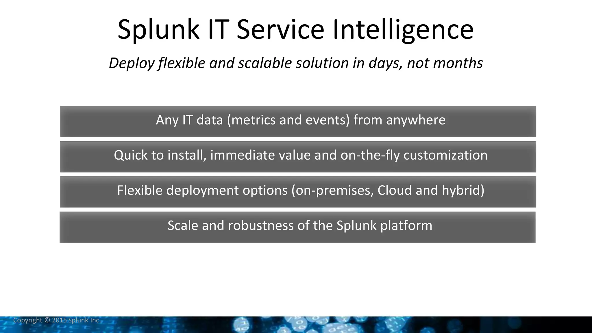 Copyright © 2015 Splunk Inc.
Splunk IT Service Intelligence
Deploy flexible and scalable solution in days, not months
Any IT data (metrics and events) from anywhere
Quick to install, immediate value and on-the-fly customization
Flexible deployment options (on-premises, Cloud and hybrid)
Scale and robustness of the Splunk platform
 