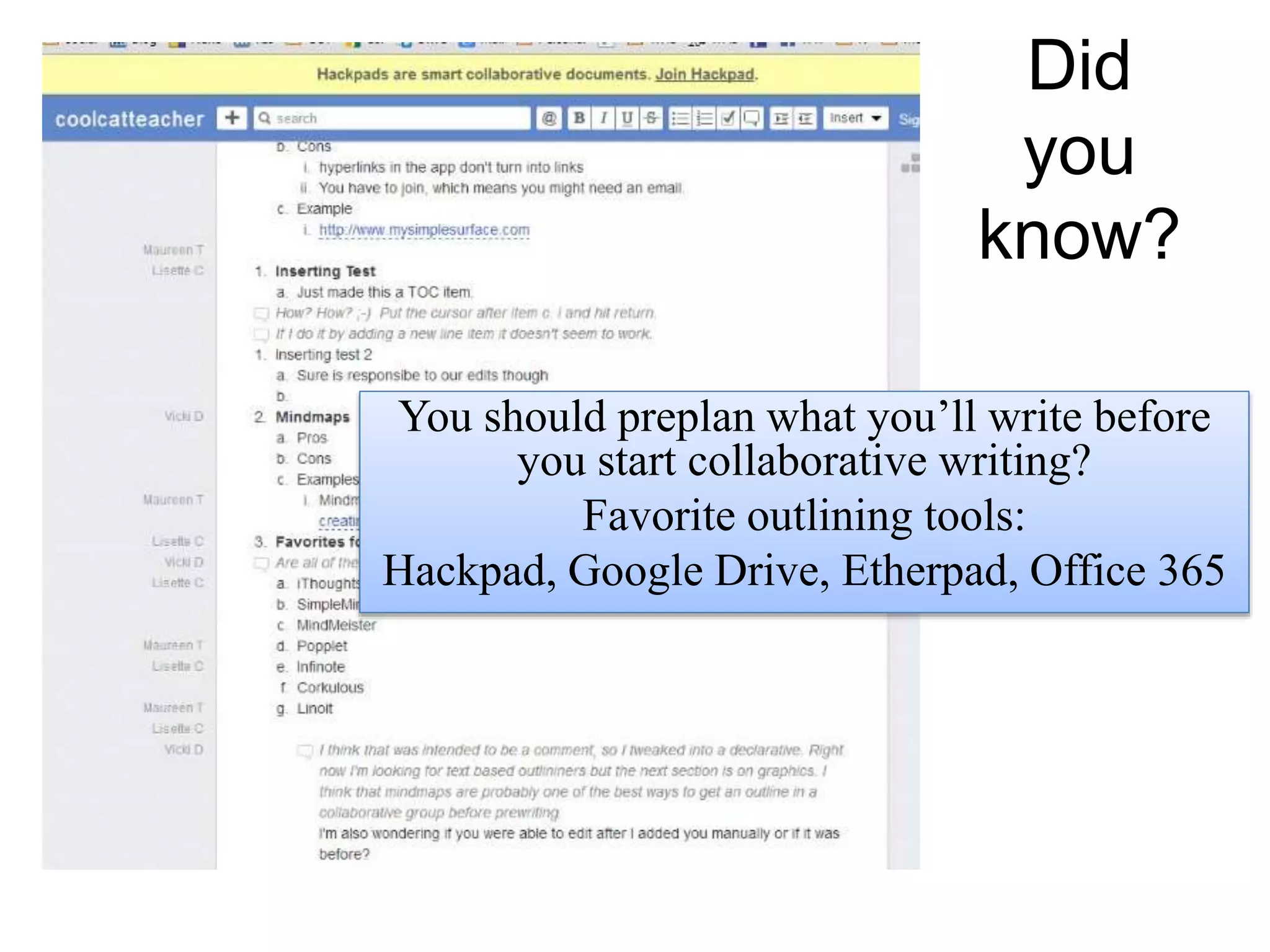 Did
you
know?
You should preplan what you’ll write before
you start collaborative writing?
Favorite outlining tools:
Hackpad, Google Drive, Etherpad, Office 365
 